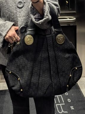 Gucci Black GG Monogram Canvas Tote with Brass Medallions